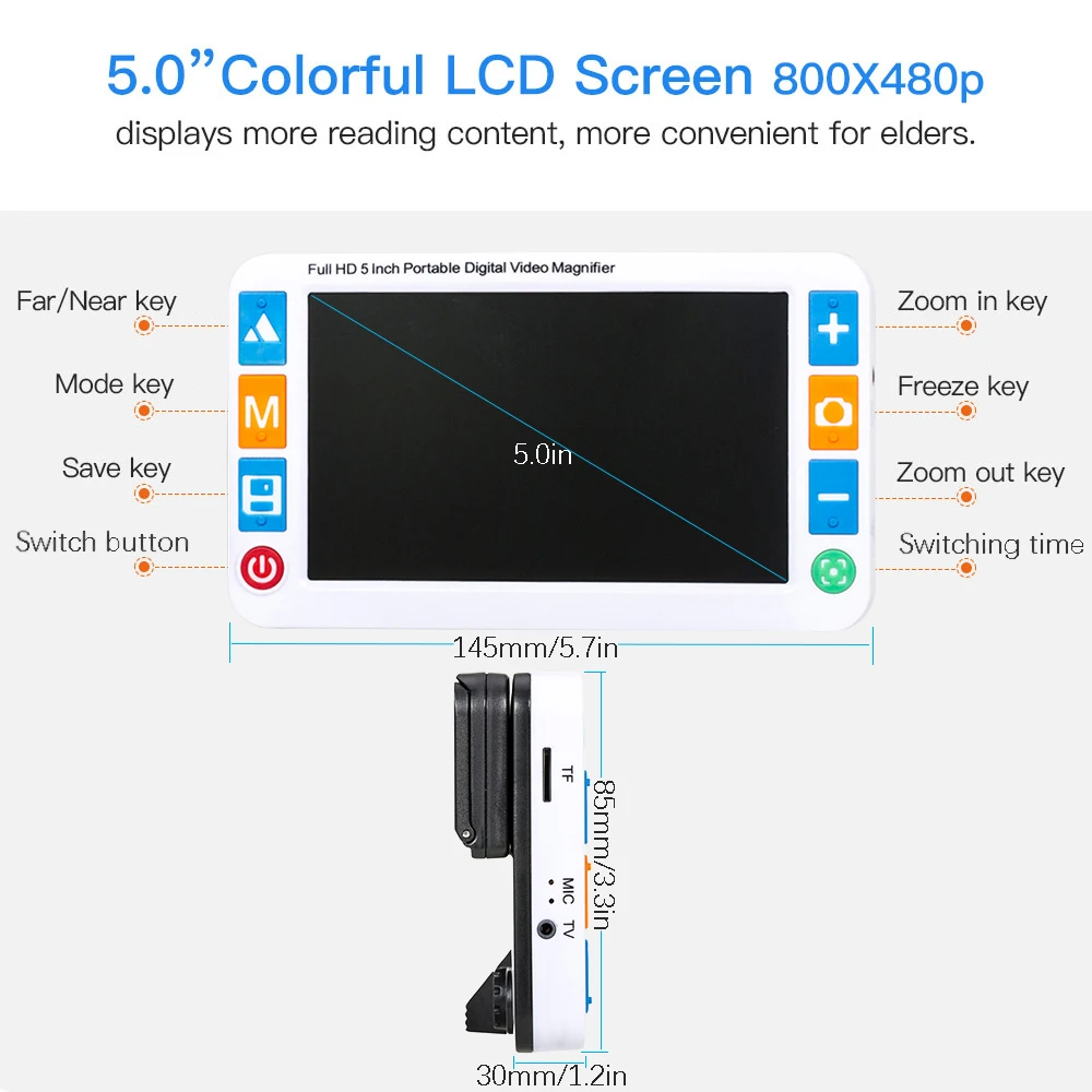 Eyoyo 5.0 inch Handheld Portable Video Digital Magnifier Electronic Reading Aids w/Double Camera View Far and Near Voice Prompt