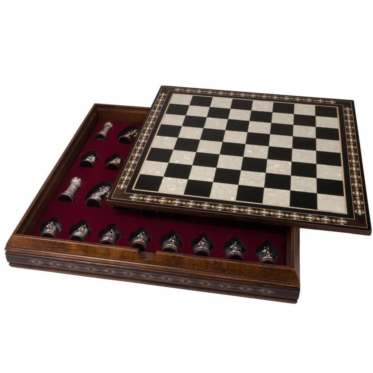 

21" Ances Luxury Chess Set Solid Wood Large Black Chessboard Game Mosaic Inlaid | With Metal Figures - King 9.5cm Gift Board