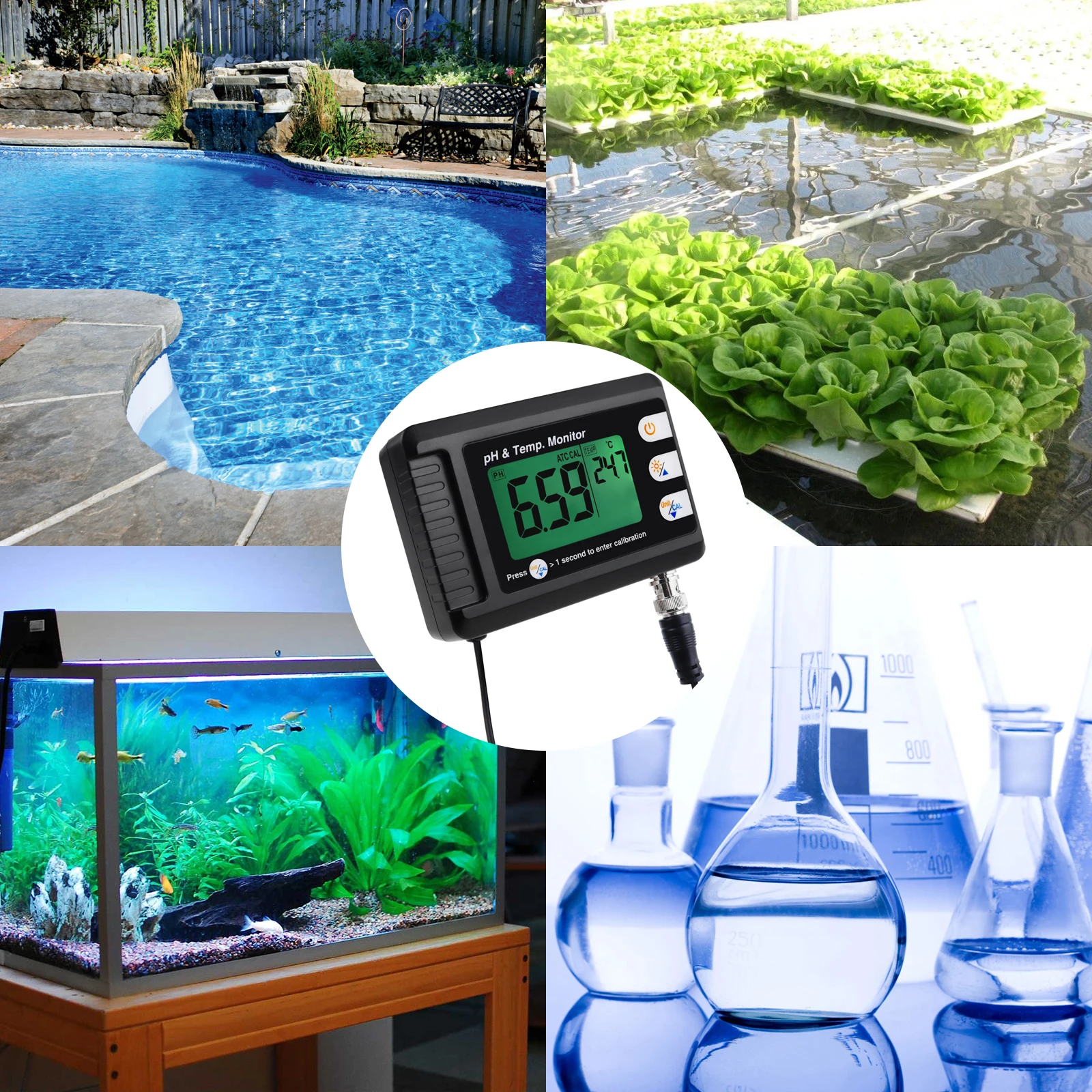 2-in-1 Combo pH & Temperature Meter Fish Tank Monitor Thermometer for Aquariums Laboratory w/ Replaceable BNC pH Electrode