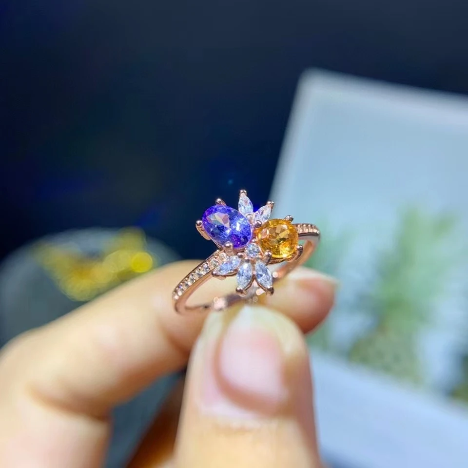 100% Two Tone Natural Sapphire 925 Sterling Silver Girls Women's Ring Micro Setting Zircon Support Te Wedding Party Jewelry