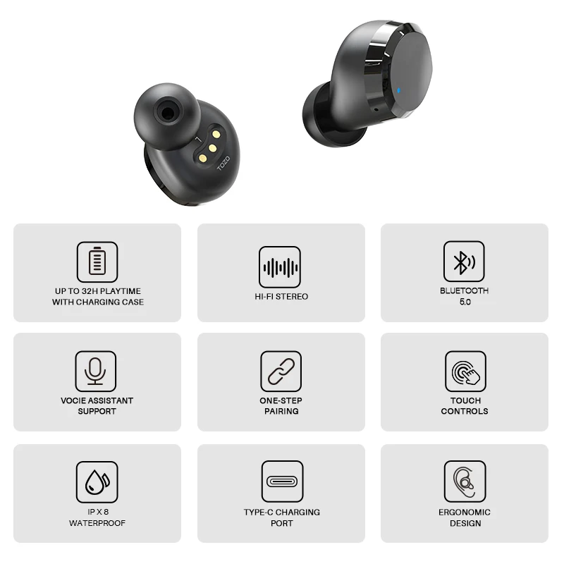 TOZO T12 Bluetooth Earphones ,Wireless Earbuds With Premium Sound Smart Touch , LED Digital Display , 48H Play For Sports