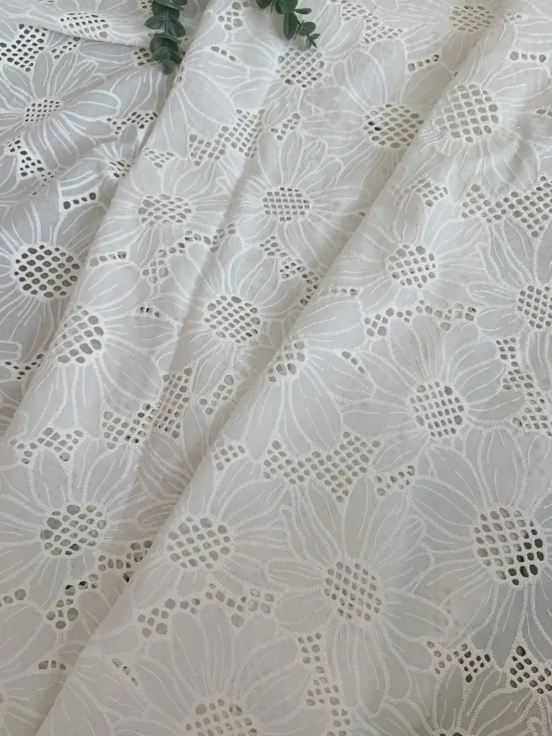 Off White Cotton Eyelet Lace Fabric With Sunflower Cotton Lace Fabric With Florals For Curtain Home Decors