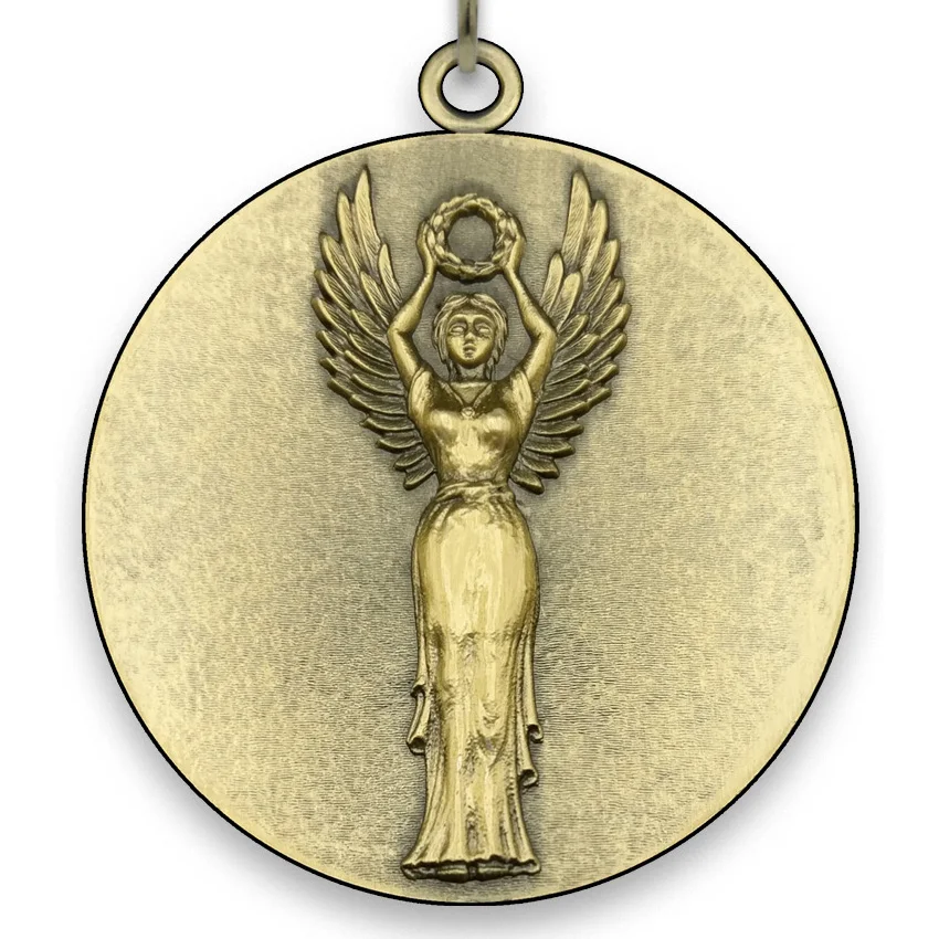 Large Metal Medal - Victory Female - Gold - 6,4 cm - with Neck Ribbon size 2,2cm x 80 cm, Choice of Ribbon Colours.