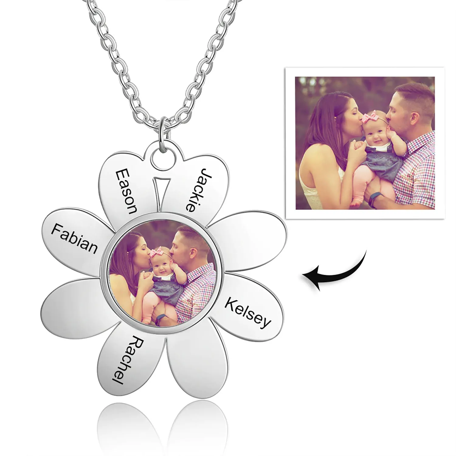 

Personalized Flower Necklace With Picture & Name Engraved Stainless Steel Jewellery Photo Customized Mother's Day Gifts For Mom