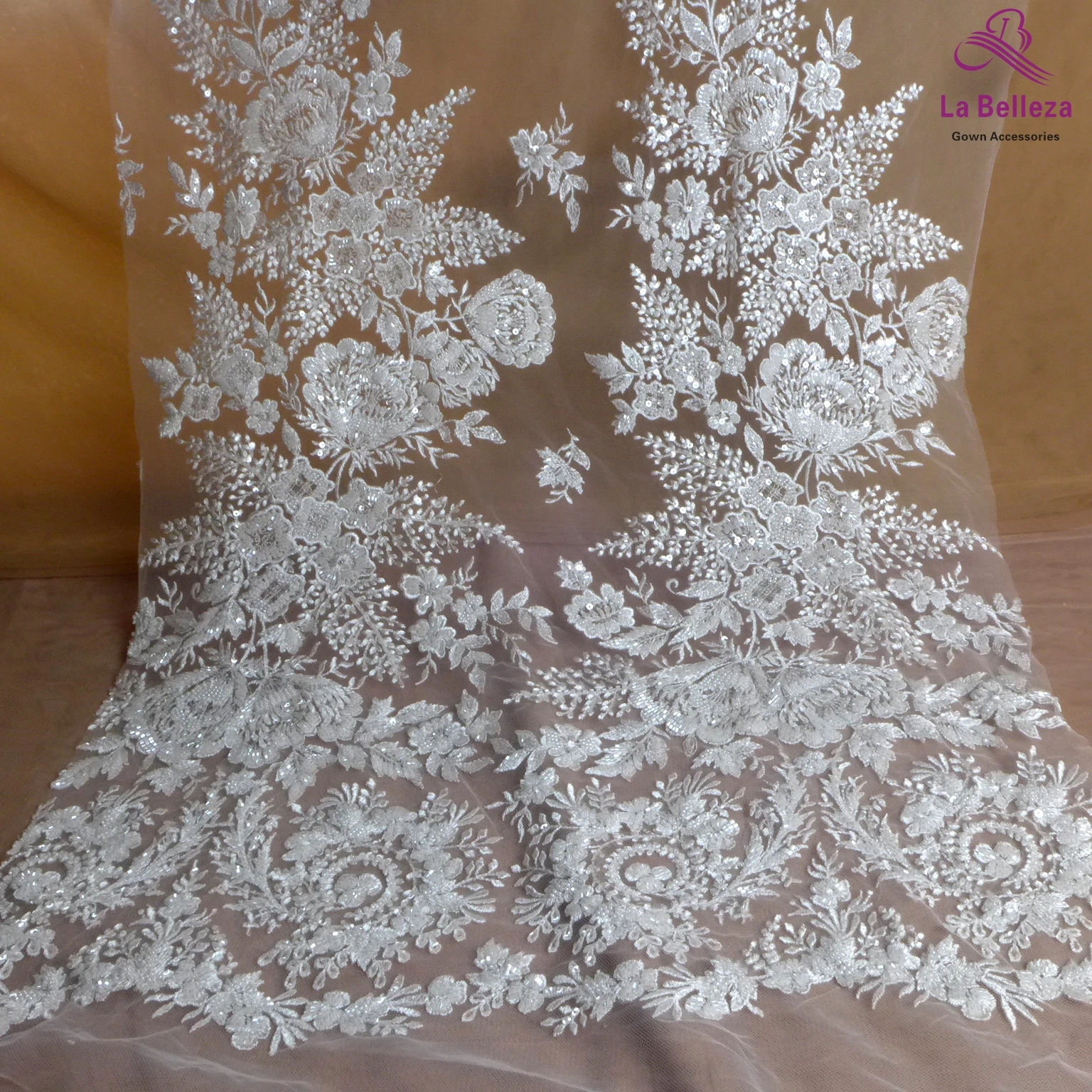 

La Belleza 2021 Hight patterns bridal lace,white beaded lace fabric,ivory wedding dress lace fabric 51'' width 1 yard