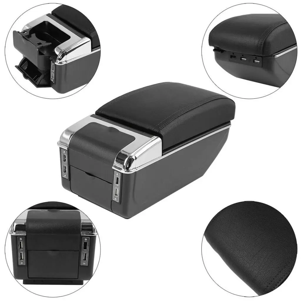 6 USB Port Chromed Super Luxury Sliding Armrest Armrest Black universal suitable for car in-car box cup car cover