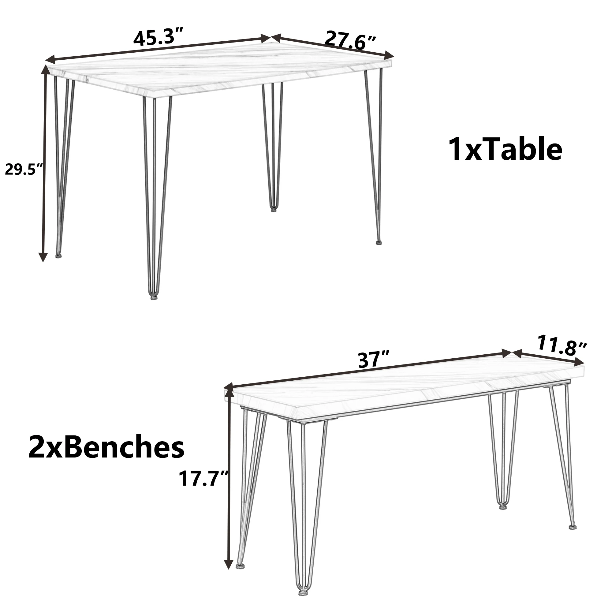 Rustic Farmhouse 3-Piece Dining Table Set Iron Frame Faxu Marble with 2 Benches 1 Thick Table for 4 in Small Places [US-W]