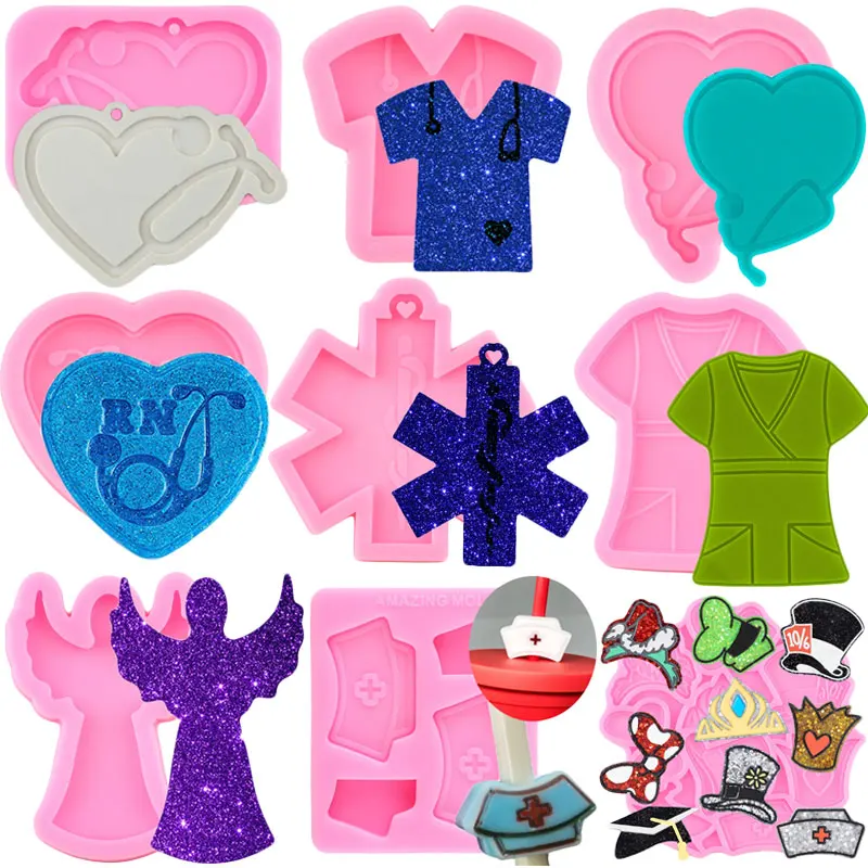 Shiny Grippy T-Shirt Keychains Mould DIY Doctor Theme Resin Epoxy Mold Bows Nurse Hat Mold Jewelry Pendant Tools Fondant Moulds