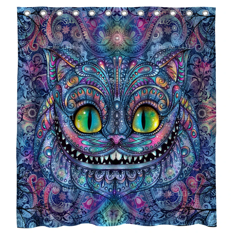 Smiling Cheshire Cat Wonderland Syndrome Fairy Tale Dark Alice Fantasy Halloween Art Shower Curtains For Chirldren With Hooks