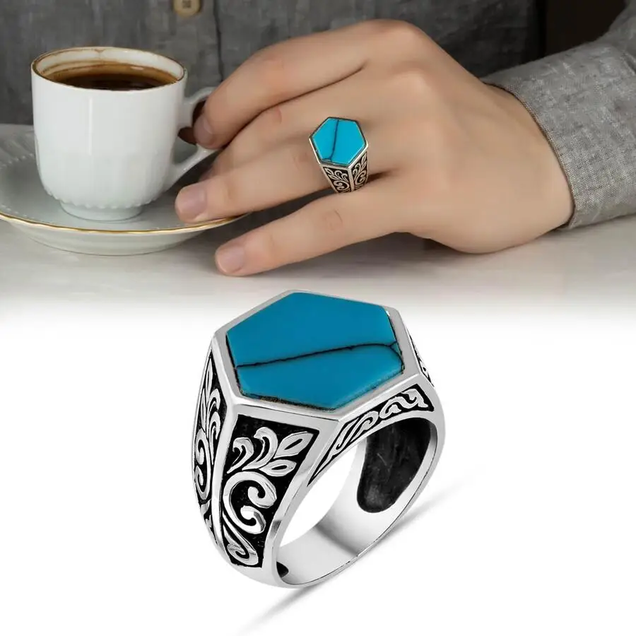 Hexagonal Turquoise Turquoise Stone Flower Motif Silver Men's Ring  Fashion Turkish Premium Quality Handmade Jawelery