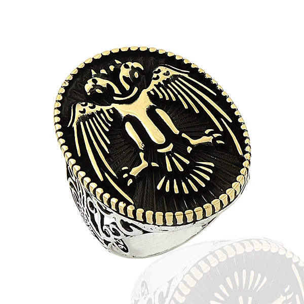 925 Silver Two Head Eagle Printed Turkish Ring for Man