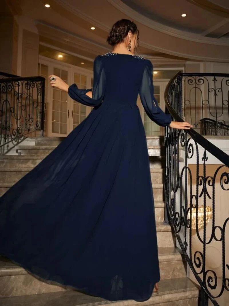 Chiffon A Line Dresses Party Evening Wear 2022 V Neck Beaded Long Sleeve Robe De Marrige Zipper Back Mother of the Bride Vestido