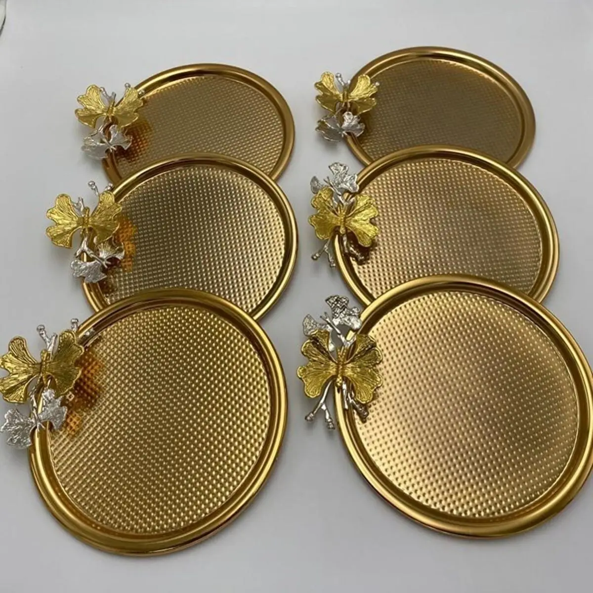 

3 Pieces Metal Round Butterfly and Camellia Detailed Tea And Coffee Serving Trays Stylish Design Handmade