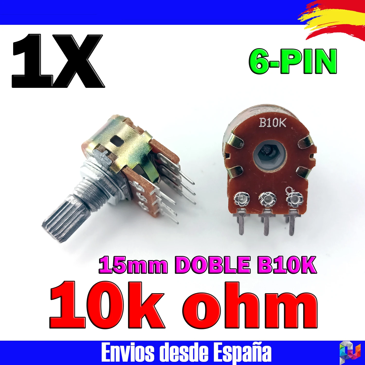 1x double linear potenciometer 10k ohm B10K ohm 15mm + nut Potentiometer