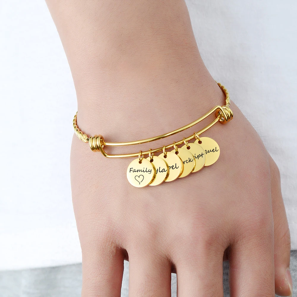 Pulsera de oro y plata para mujer, joyería de acero inoxidable con nombre de familia personalizado, brazaletes de identificación personalizados,