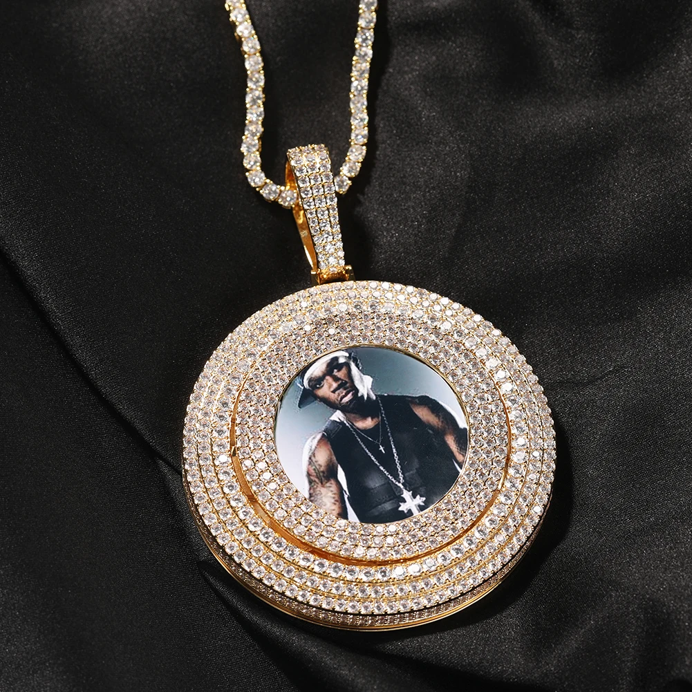 THE BLIKG KING Spinning Photo Pendant Necklace Full Iced Out Cubic Zirconia Custom Memory Chain Engraved Name Hiphop Jewelry