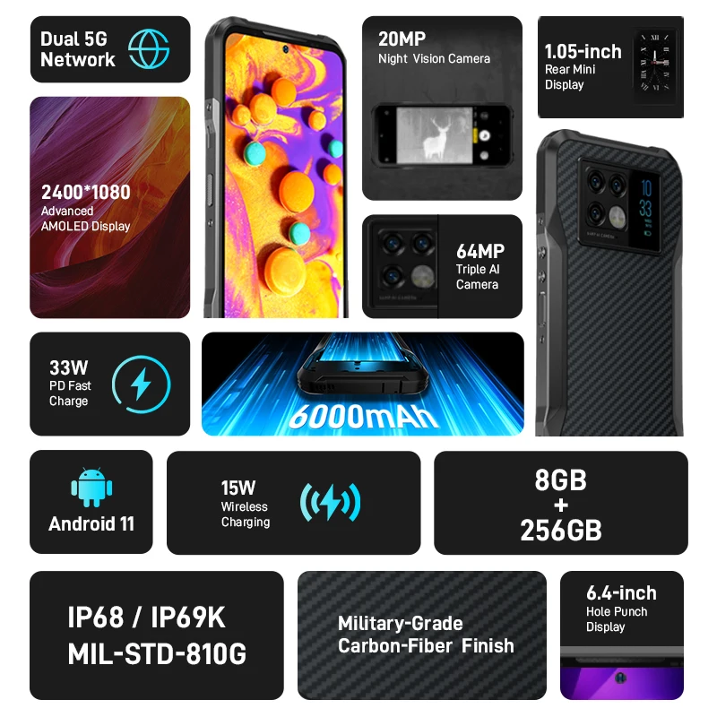 DOOGEE V20 هاتف قوي بشاشة مقاس 6.43 بوصة بتقنية FHD AMOLED شاشة عرض خلفية مبتكرة هاتف قوي سعة 8 + 256 جيجابايت وكاميرا بدقة 64 ميجابكسل بطارية 6000 مللي أمبير في الساعة #2