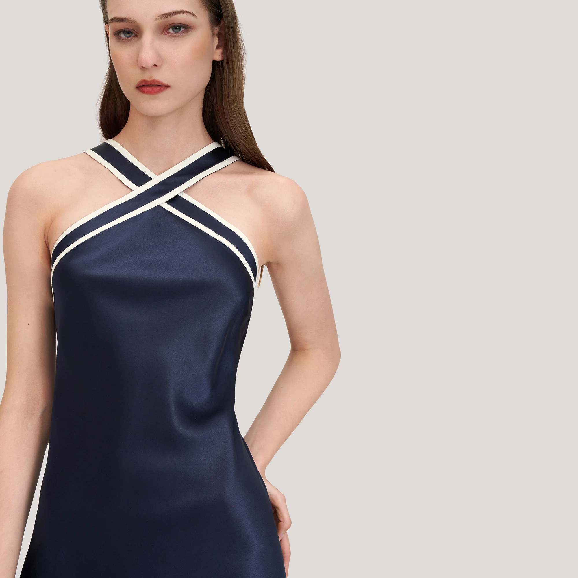 LILYSILK Lucido Camelia di Seta Halter-Neck del Vestito 22 Momme & 18 Momme Navy Blu Vestito di Seta per le Signore Eleganti