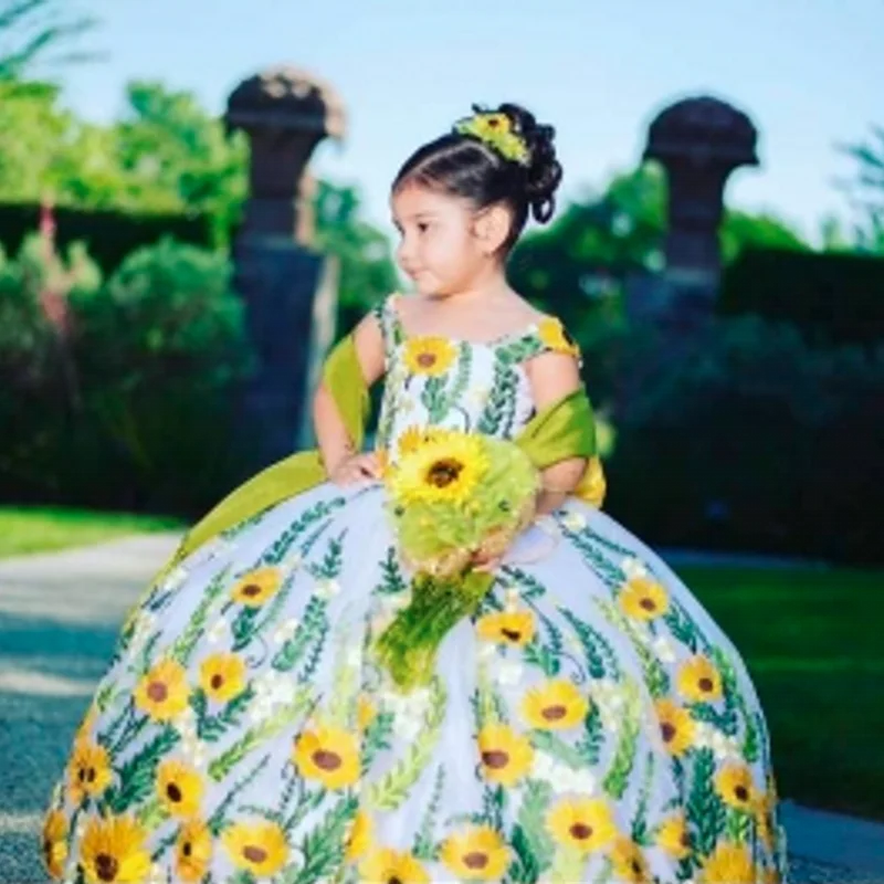 Charro Embroidery Flower Girls Dresses With Jacket Long Sleeves Ruffles Custom Made Kids Quince Wear pageant Gowns