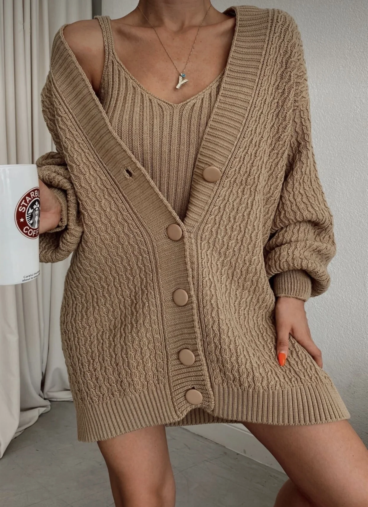 Sweater Dress Crop Top Cardigan Suit Long Sleeve Button Oversize V Neck Coat with Suspender Vest Autumn Winter New Season