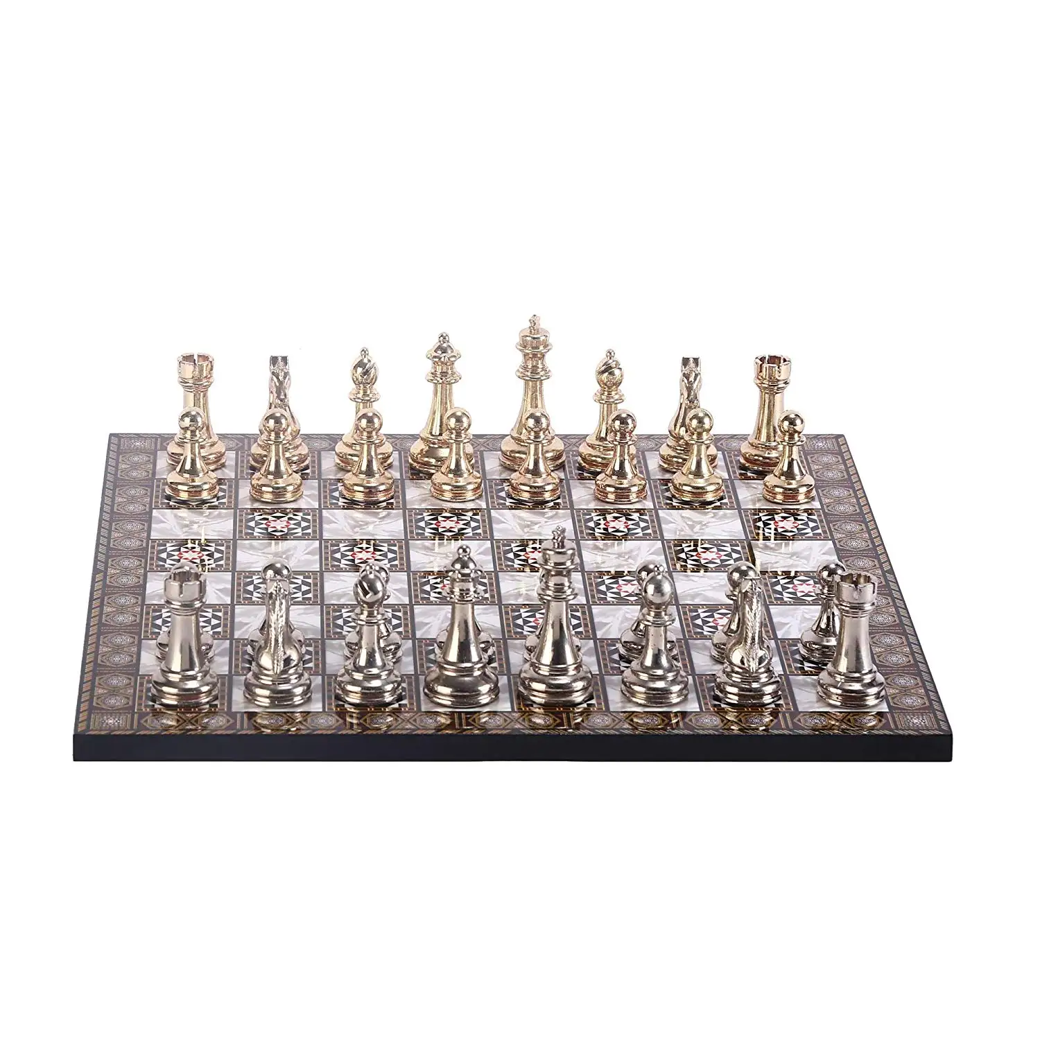 Classic Chess Set for Adult, Handmade Pieces and Mother-of-Mother Pearl Wood Design Chess Board King 7 cm