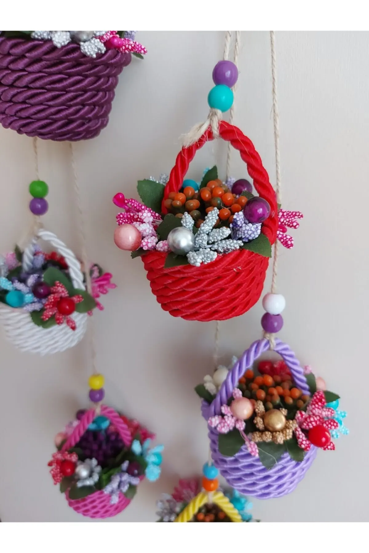 

Three Pots Beaded Colorful Straw Weave Wall Ornament. Handmade Flower Pot Patterned Different Modern