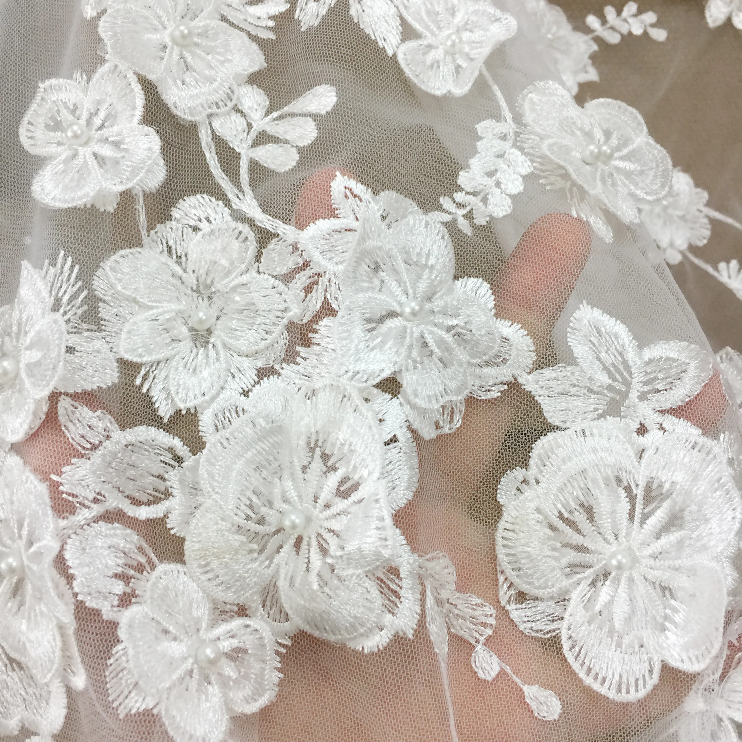 1 Yard 3D Pearl Beaded Flower Lace Trim in Off White, Sewing Craft Accessories Petal lace fabric for bridal veil wedding bodice