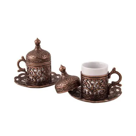 Turkish Coffee Cup Copper Handmade Authentic Design Coffee Espresso 1 Service, Cups Saucers Lids Tray Delight Candy Dish GIFT