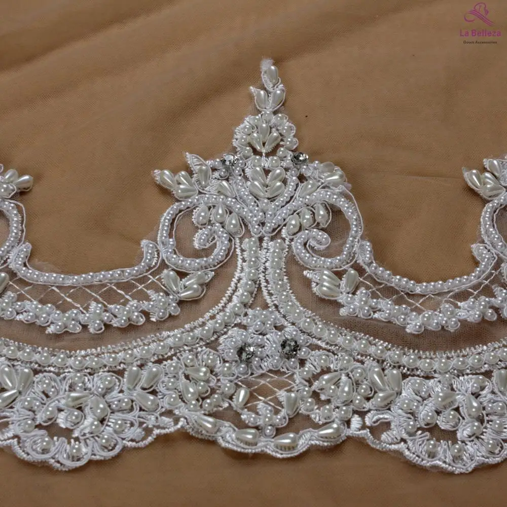 La Belleza 19cm width ivory/black/Gold handmade pearls stones beaded lace trim,gown lace,Bride veil lace 1 YARD