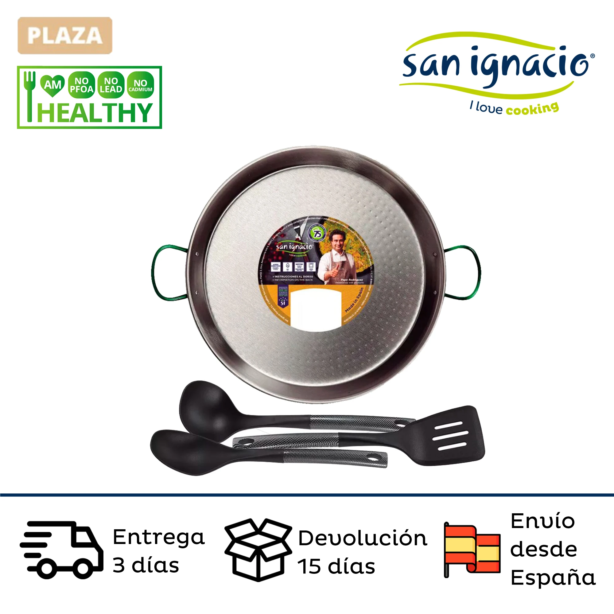 Paellera SAN IGNACIO polished steel 30 cm with 3 kitchen utensils in nylon