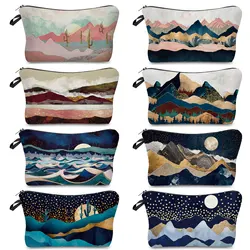 Oil Painting Mountain Forest Printing Casual Organizer Makeup Bag Gift Bag Pencil Cases Heat Transfer Women Cosmetic Bags Zipper