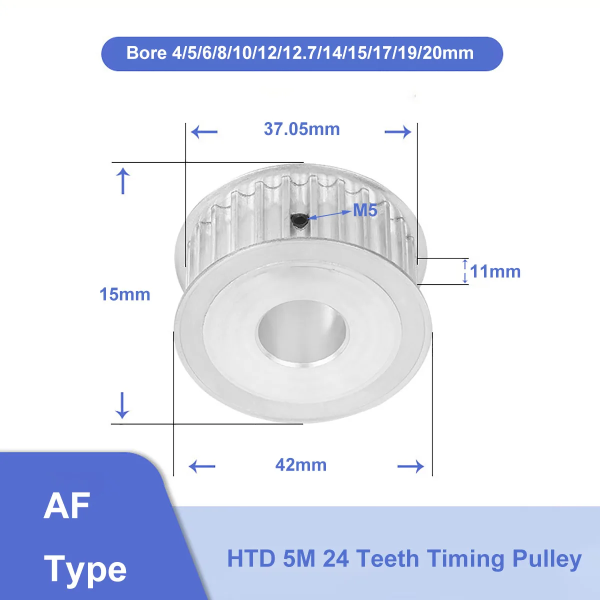 

HTD 5M 24 Teeth Timing Pulley Synchronus Wheel Bore 4mm - 20mm Aluminium Idler Pulley 5M-24T 11mm Width for HTD5M Timing Belt