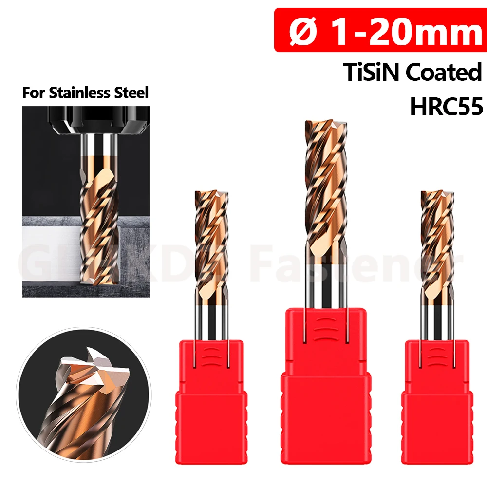 

Ø1-20mm Solid Carbide TiSiN Coated 4 Flute Spiral Router Bit End Mill CNC Milling Cutter HRC55 for Stainless Steel Plastics Wood