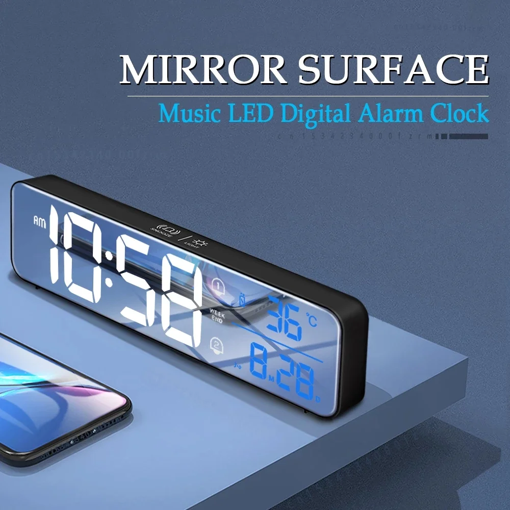 Reloj despertador Digital LED con música, reloj con pantalla de fecha y temperatura, espejo de escritorio, decoración de Mesa para el hogar, Control