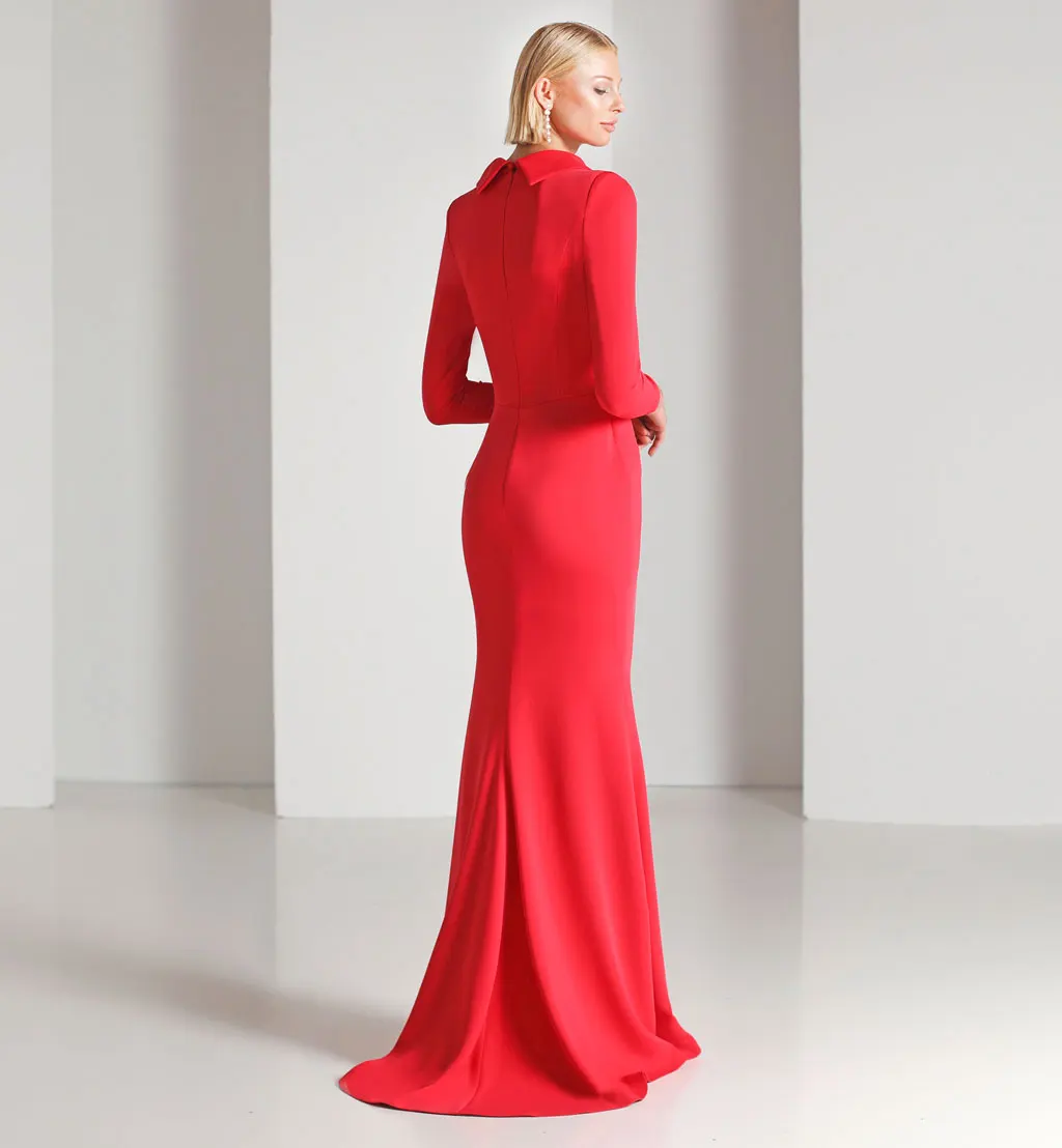 Red Long Sleeve Evening Dress Sheath Ankle-Length Formal Dress Women's Prom Dresses Sexy Gowns With Covered Button