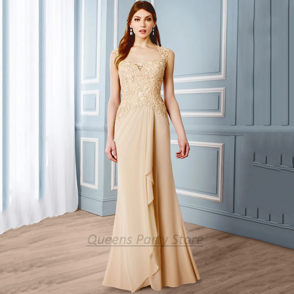 Vestido champanhe de mãe da noiva, vestido elegante com manga longa, em chiffon, renda, sereia, festa de casamento, vestidos de convidados para mãe