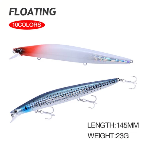 Señuelo de pesca Minnow Wobbler de 14,5 cm y 23g, cebo duro Artificial de transición de peso flotante de fundición larga, cebo de lubina para pesca en el mar