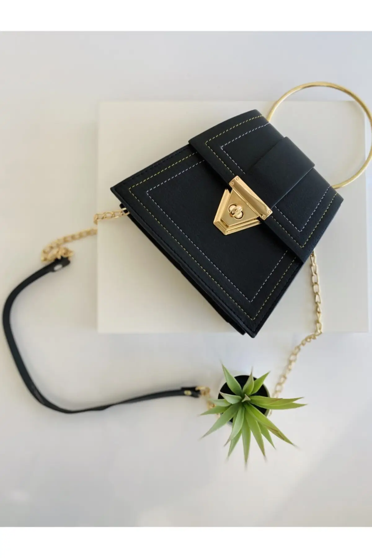 Women Black Ring Handle Hand & Shoulder Bag