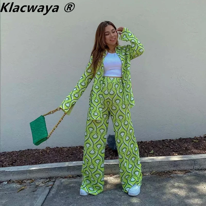 Klacwaya 2021 Women Two Pieces Set Ladies Green Print Blouses Vintage Shirts Knitted Top Female Loose Wide-Leg Pants Casual Suit