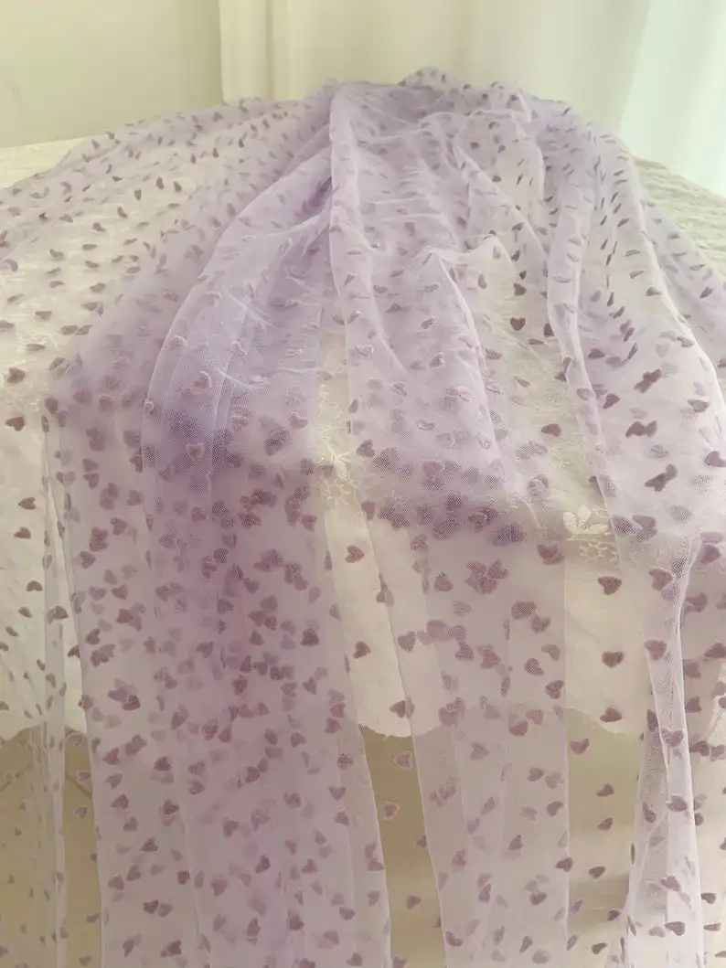 1 yard Light Purple Tulle Lace Fabric With Velvet Hearts Tulle Mesh Fabric With Velvet Dot, New Arrival