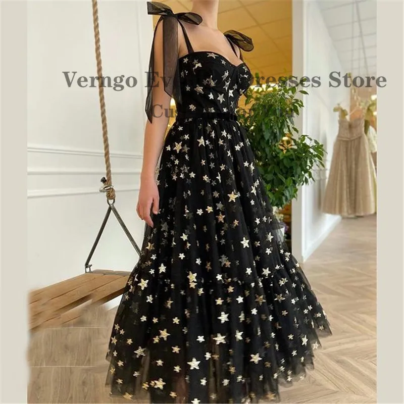 Verngo 2021 New Sparkle Gold Starry Tulle Black Prom Dresses Straps Fitted Boning Velour Belt Ankle Length Evening Party Gowns