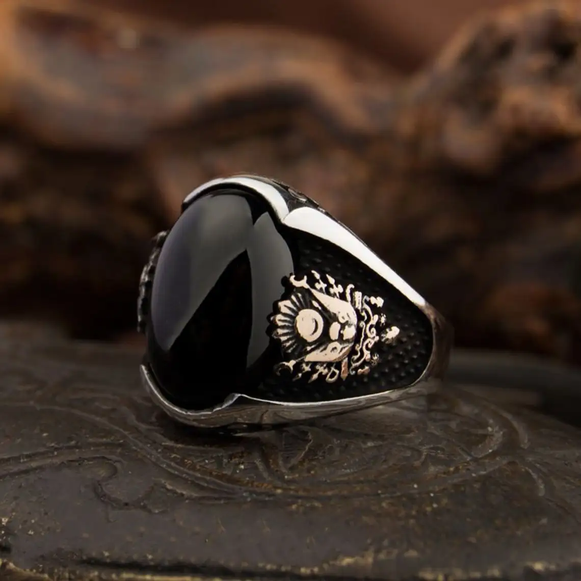 Genuine 925 Sterling Silver Turkish Ring for Men Natural Onyx Men Silver Ring With Coat of Arms Silver Men’s Ring Cool Jewelery