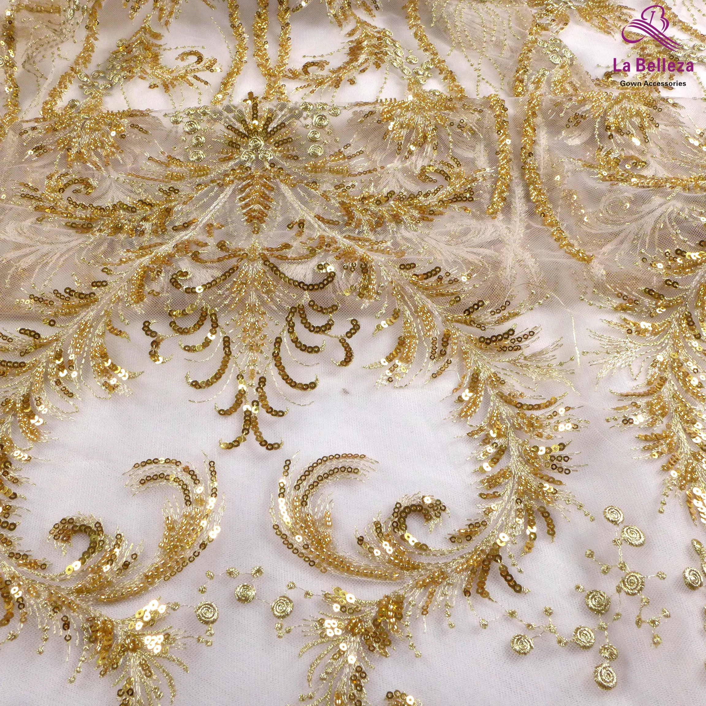 La Belleza new  beaded beading sequins wedding dress lace fabric Gold super shinny gown lace fabric,high quality lace 1 yard