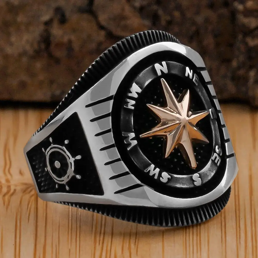 Elegant Design 925 Sterling Silver Compass Men's Ring Sailor Business Jewelery Gift For Him Accessory