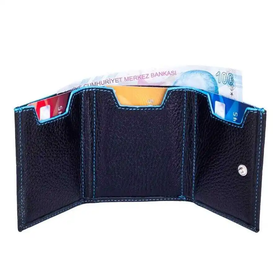 Twelve Genuine Leather Vertical Card Holder Wallet Black-Blue Detailed Casual For a Lifetime Comfortable Money Pocket Quality