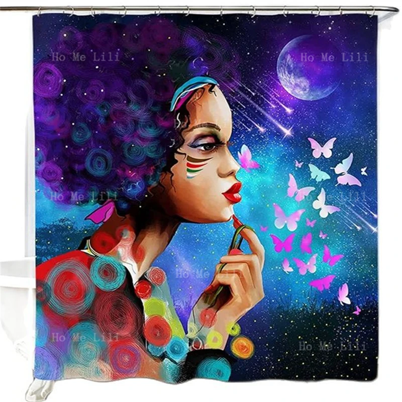 Black Queen Girl Magic Starry Night Moon Goddess Love Music Purple Hair Afro Sexy Women Shower Curtain Bathroom Decor