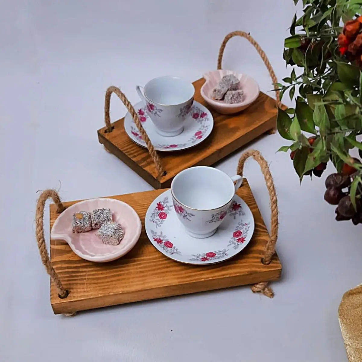 2'li Suit Rope Decorative Wooden Presentation Tray Set Decorative Lux Service Eat at the Presentation of Organizer Multi-Purpose Tray 2022 Trend