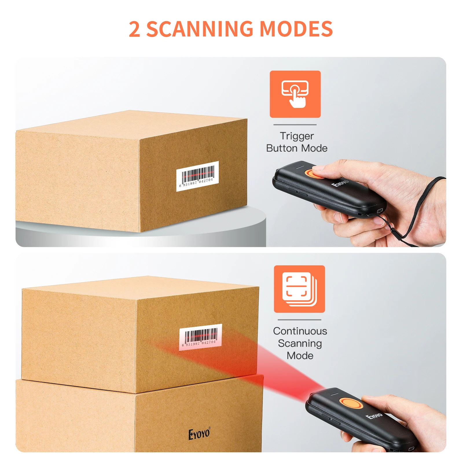 EYOYO EY-023L Mini 1D Wireless Barcode Scanner Portable 3-in-1 Bluetooth & 2.4G & USB Wired QR 1D Bar Code Reader for Inventory