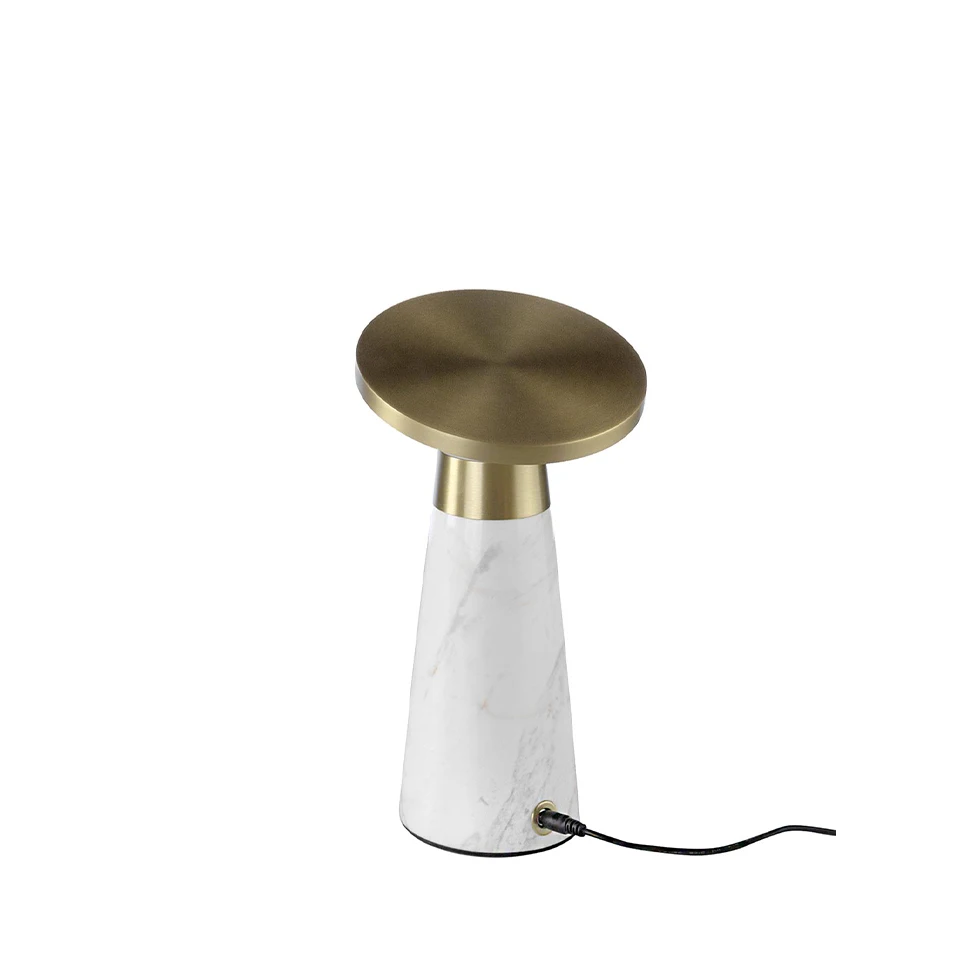 Tabletop 8034 Angel Cerdá-. Calacatta similar porcelain marble body table lamp and golden polished steel directional disc. It has dimmer adjustable in intensity and color