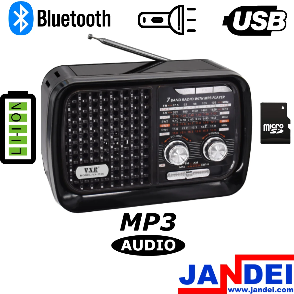 Jandei - Portable Radio with/without Solar Panel with Bluetooth, USB, AM/FM, Lithium Ion Battery, Wireless, Speakers, Flashlight